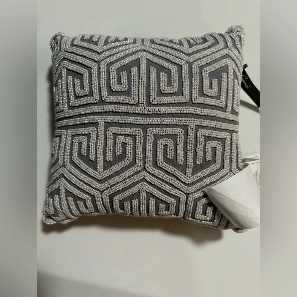 MARLO LORENZ Adriano Beaded Pillow 12x12 Gray/White Geometric Throw Pillow